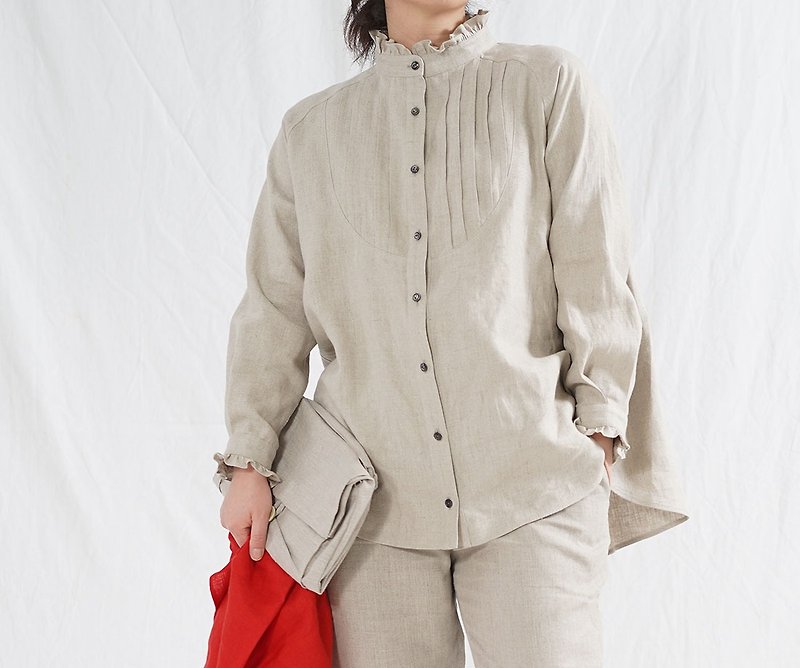 wafu - 亞麻女裝襯衫 Midweight Linen Ruffle-detailing Blouse / Flax t033a-amn2 - เสื้อเชิ้ตผู้หญิง - ลินิน สีกากี