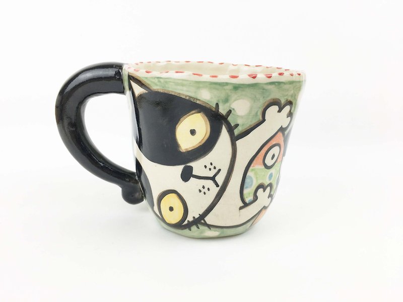 Nice Little Clay handmade mug shocked cat 0103-14 - แก้วมัค/แก้วกาแฟ - ดินเผา สีเขียว