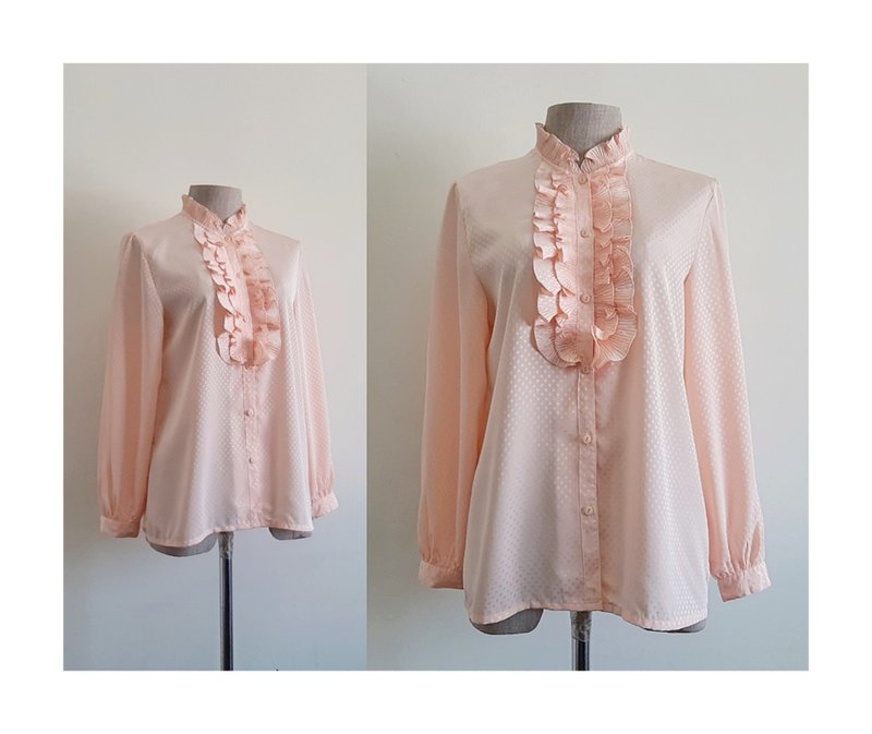 復古蜜桃波點荷葉邊上衣 - 女上衣/長袖上衣 - 聚酯纖維 