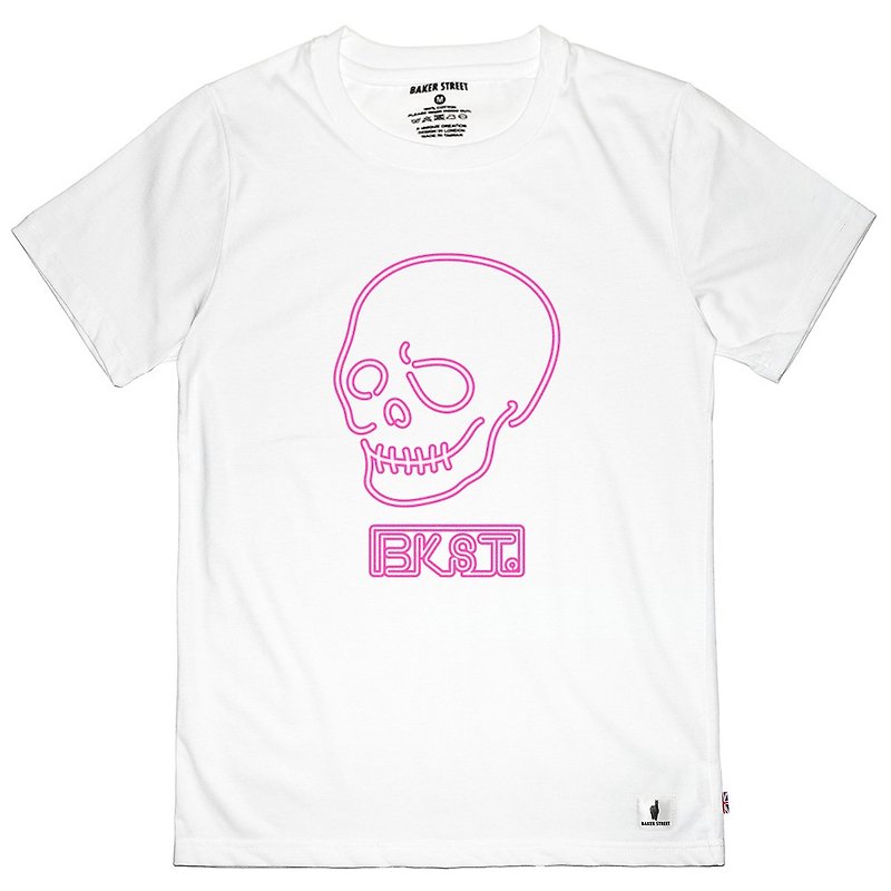 British Fashion Brand -Baker Street- Neon Skull T-shirt - เสื้อยืดผู้ชาย - ผ้าฝ้าย/ผ้าลินิน ขาว