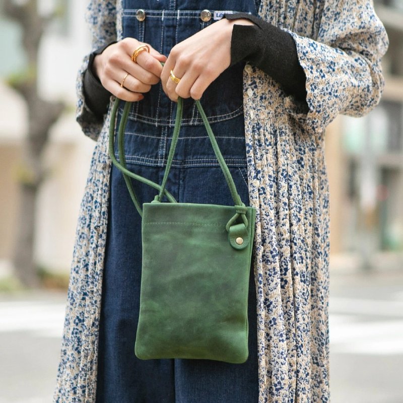 All Leather Sacoche Shoulder Mini Bag Pouch Bag Shoulder bag mini Dark-green HAB016 - กระเป๋าแมสเซนเจอร์ - หนังแท้ สีเขียว