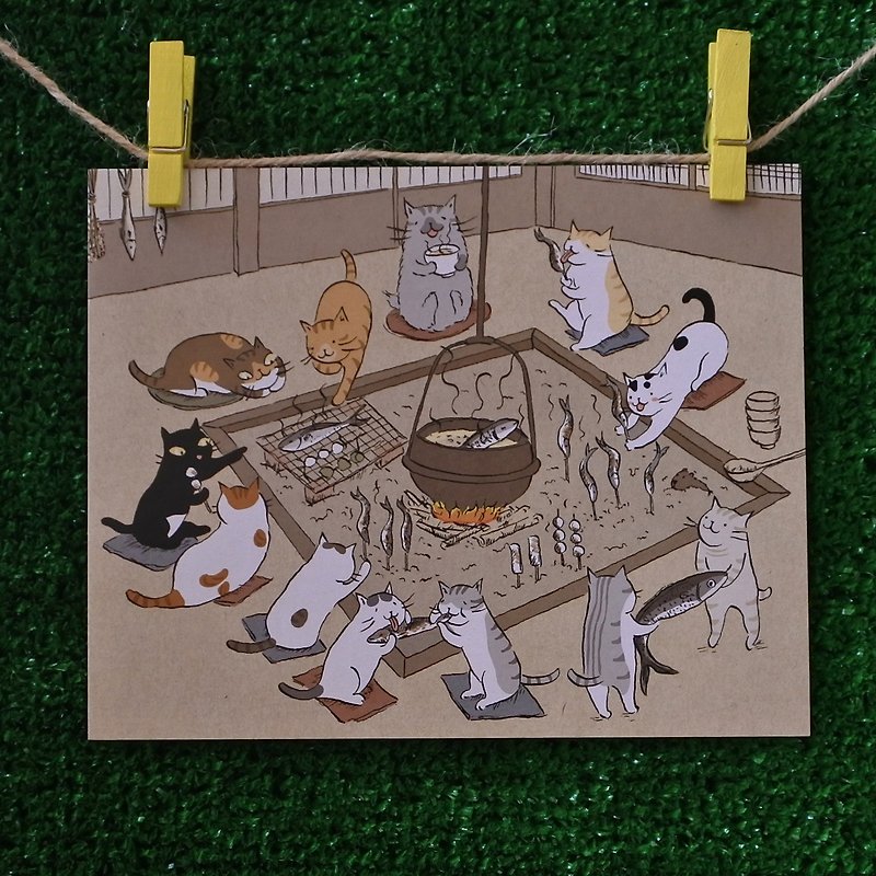 三貓小舖貓咪插畫明信片(畫家:貓小姐) –碳烤圍爐 - 卡片/明信片 - 紙 