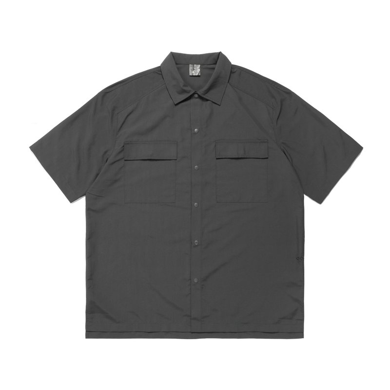 oqLiq - Project 15 - Swallowtail Crescent Short Sleeve Cuban Shirt (Iron Gray) - Men's Shirts - Nylon Gray