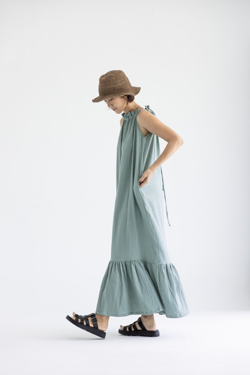 Lace collar sleeveless tie-back dress_mint green - One Piece Dresses - Cotton & Hemp Green