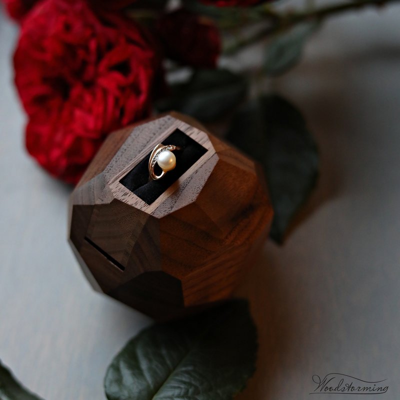 Wooden faceted sculptural ring display with black pillow, proposal ring box - General Rings - Wood 