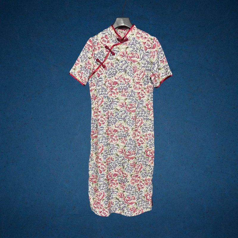 Second-hand blue purple red edge floral slightly translucent Chinese style cheongsam short-sleeved dress CA912 - ชุดเดรส - เส้นใยสังเคราะห์ หลากหลายสี