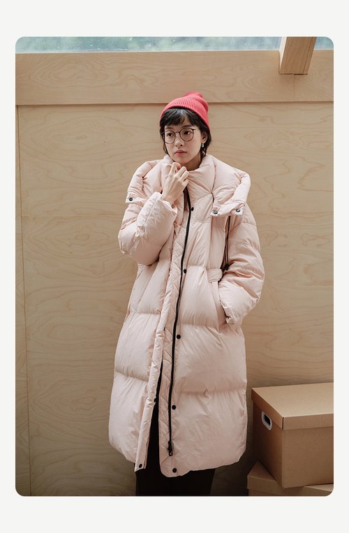 說與山聽 粉色白鴨絨長款帶帽羽絨服