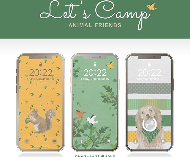 キャンプに行こう アニマルフレンズ かわいい動物イラストの携帯壁紙セット デジタル ショップ Moonlightisle 壁紙 スタンプ アプリアイコン Pinkoi