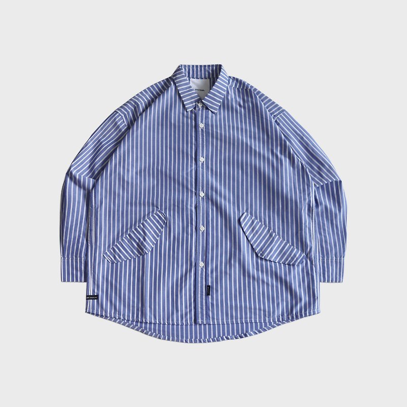 DYCTEAM - Wide striped Patch pocket shirt (blue) - 男襯衫/休閒襯衫 - 棉．麻 藍色