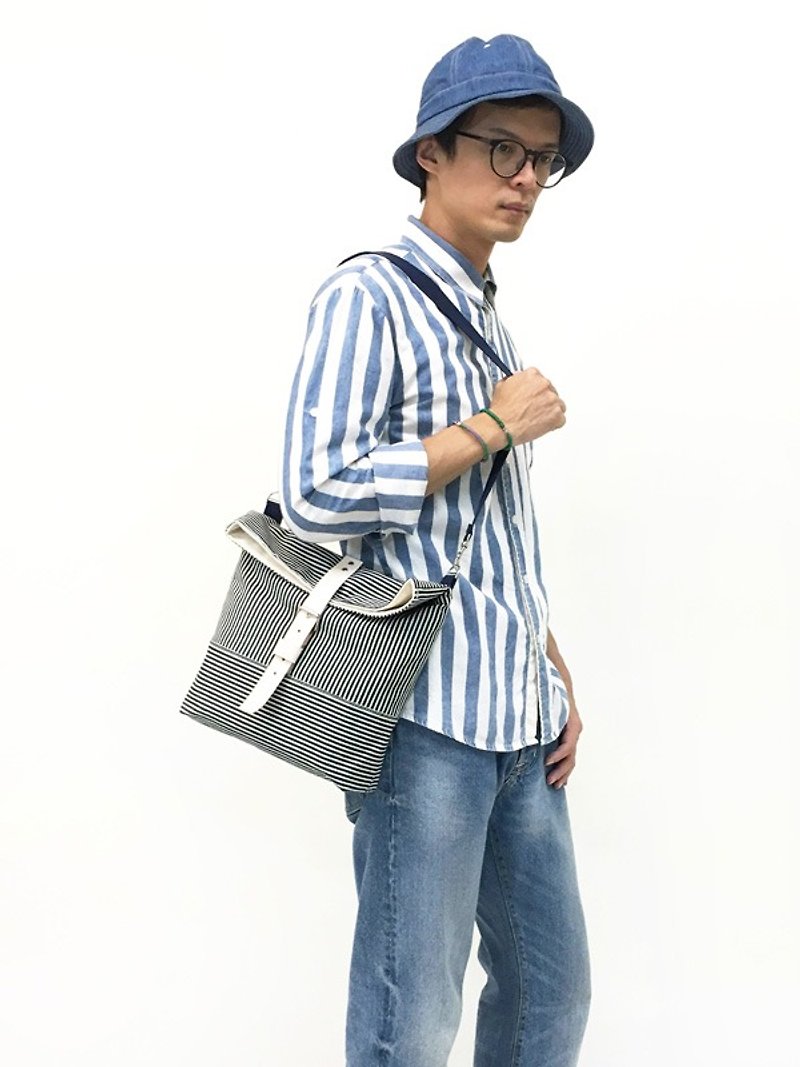 STRIPE-Handmade Leather Striped Denim Canvas Flap Crossbody/Tablet Bag - Messenger Bags & Sling Bags - Cotton & Hemp Blue