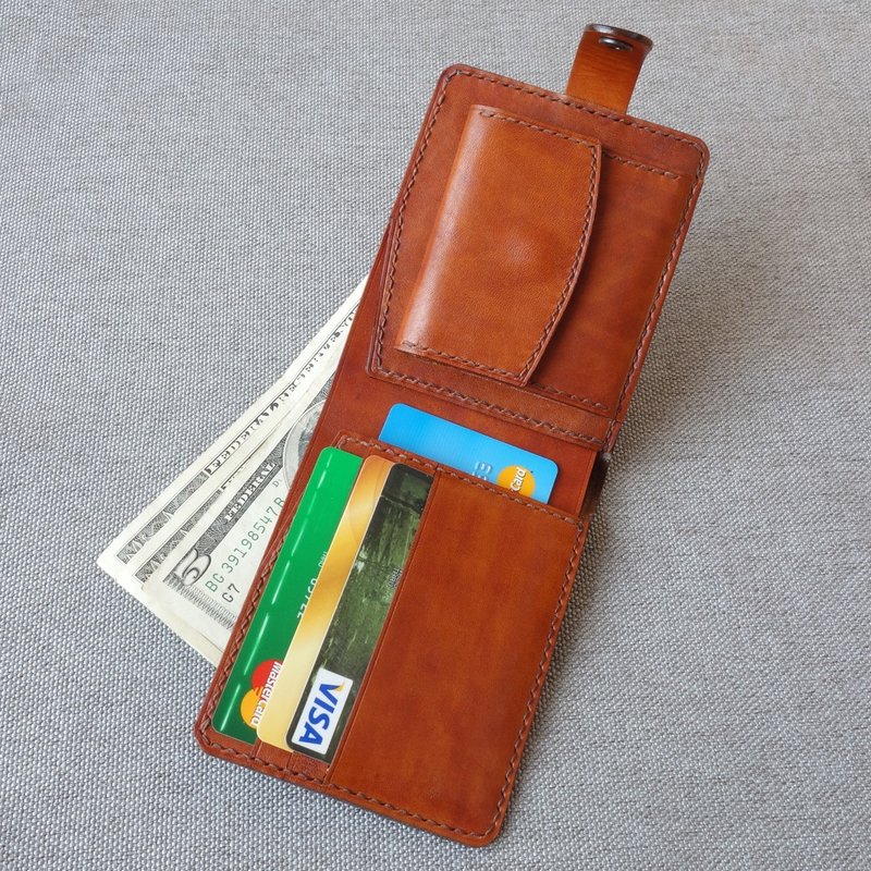 Brown leather Bifold handmade Wallet, with coin pocket - กระเป๋าสตางค์ - หนังแท้ สีนำ้ตาล