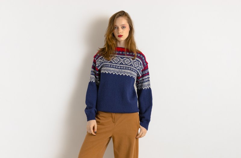 Norway Knitwear Abstract Ornament Wool Jumper Sweater M 7854 - Women's Sweaters - Wool Blue