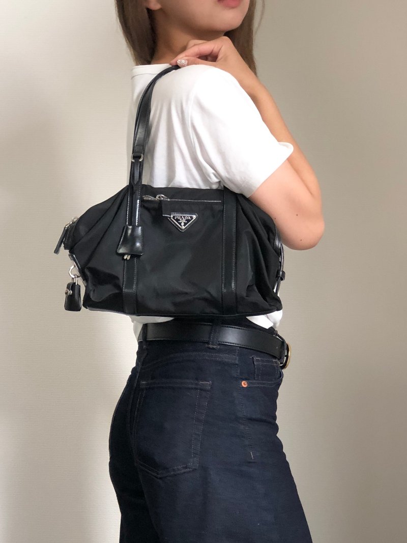 【 日本直送　名牌中古包 】PRADA プラダ ハンドバッグ ブラック トライアングルロゴ ナイロン レザー ミニボストン vintage pde7em - 手提包/手提袋 - 尼龍 黑色