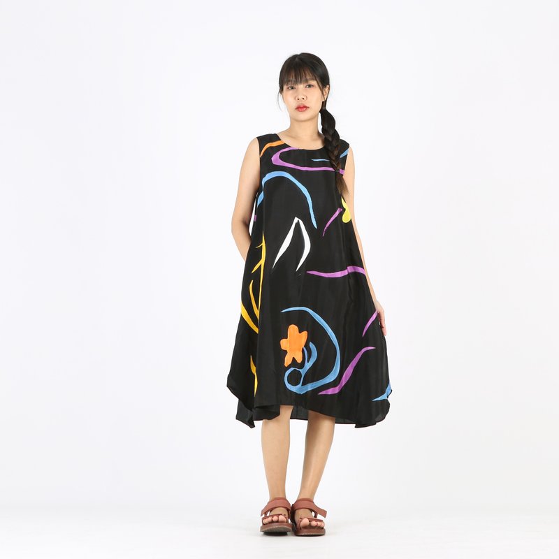 Sac Sleeveless Dress Soft Cotton Silk Hand Paint for Holiday - 洋裝/連身裙 - 棉．麻 黑色