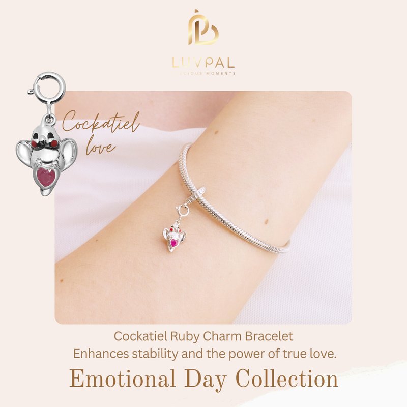 Luvpal | 925 Sterling Silver Bracelet | Cockatiel Charm with Genuine Ruby Heart - 手鍊/手環 - 純銀 