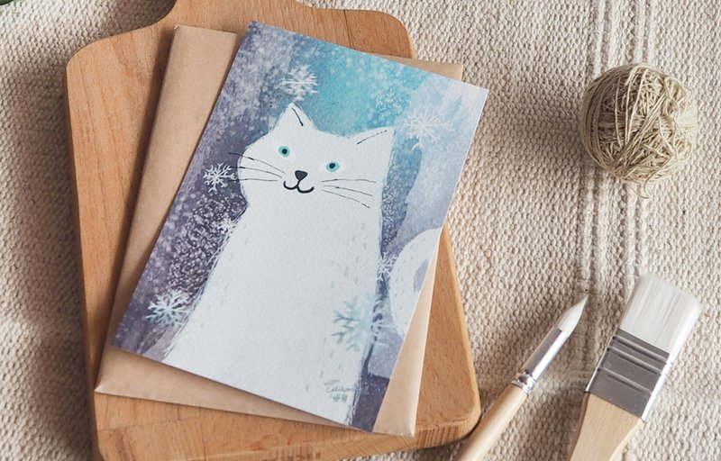 Postcard cat snow - 卡片/明信片 - 紙 藍色