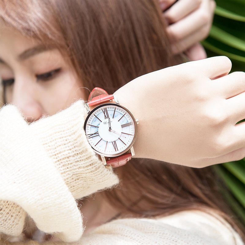W.wear white marble with roman nail watch - white style red strap - นาฬิกาผู้หญิง - หนังแท้ สีแดง