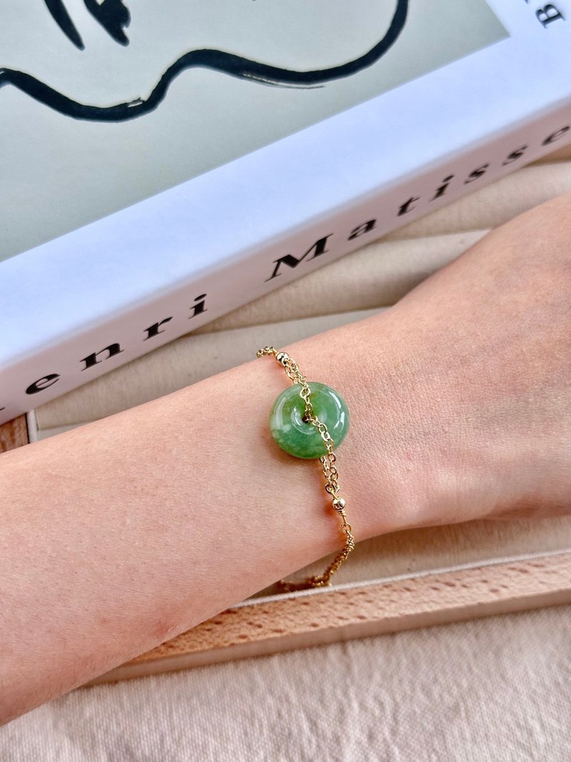 Green background with snowflakes safety buckle 14K gold-filled bracelet | Natural Burmese Jadeite - Bracelets - Jade Green