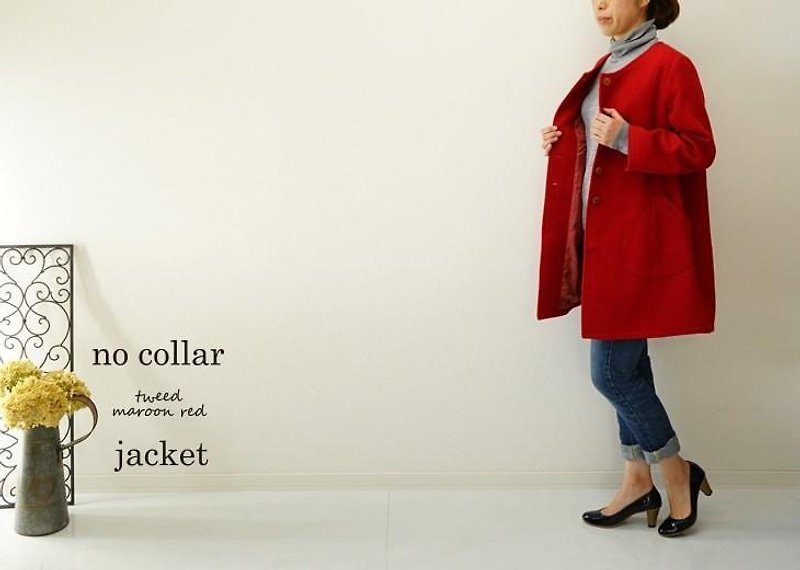 ツイードwool100% 総裏地付ノーカラージャケット/マルーンレッド b5-4 - เสื้อแจ็คเก็ต - ผ้าฝ้าย/ผ้าลินิน สีแดง