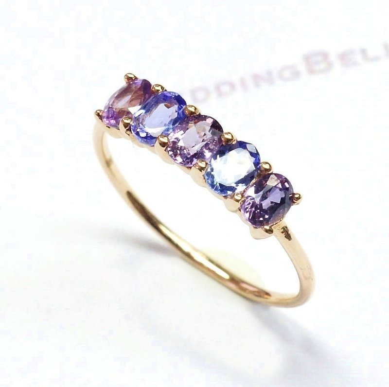 18K玫瑰金 / 紫色彩藍寶石配坦桑石線介指 / 旦形 (免運費) - 戒指 - 寶石 藍色