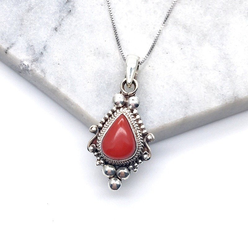 Coral stone necklace sterling silver baroque Nepal handmade mosaic - Necklaces - Gemstone Red