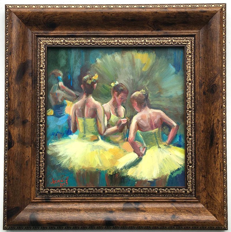 Framed Ballet Ballerina Painting Oil Original Blue dancer Impressionist - ของวางตกแต่ง - วัสดุอื่นๆ สีเหลือง