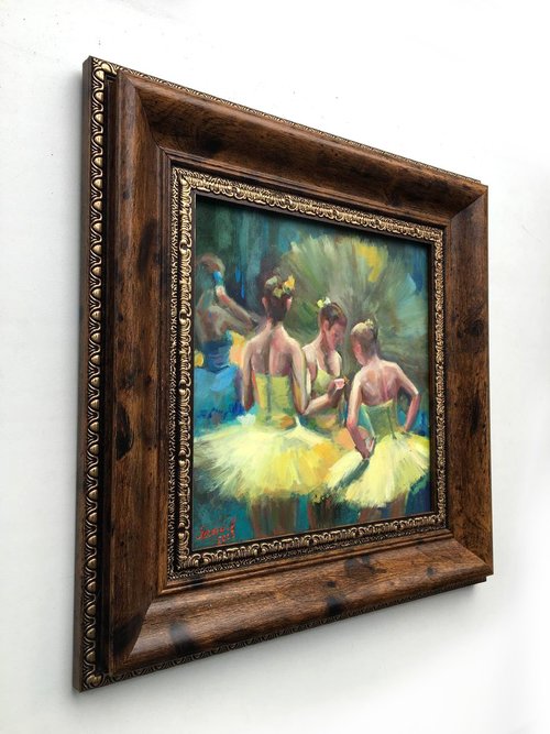 バレリーナの油彩画 額別 額入りバレエ バレリーナ 油絵 オリジナル ブルー ダンサー