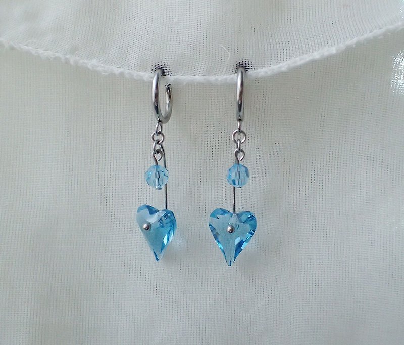 愛心, 施華洛世奇元素 & 不鏽鋼 耳圈夾 耳環 (一對) - 耳環/耳夾 - 玻璃 藍色