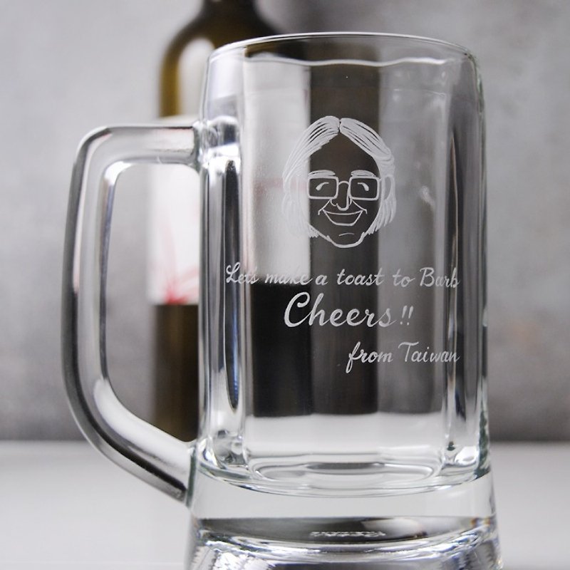 355cc [Reminiscences of Studying Tour] Simple Q version of a customized portrait of a foreign teacher beer mug with lettering - Customized Portraits - Glass Gray