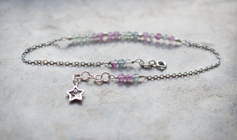 925 Silver Boho Leg Bracelet, Fluorite Anklet, Aquarius Crystal, Gemini stone - 手鍊/手環 - 寶石 紫色
