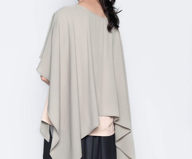 Cloak sleeve knitted chiffon top-gray green - Shop lai.sh Women's