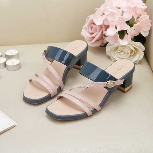 DREAMS SHOP 友善尺碼37-45 氣墊 MIT真皮拼色細帶方頭低跟拖鞋 灰藍漆