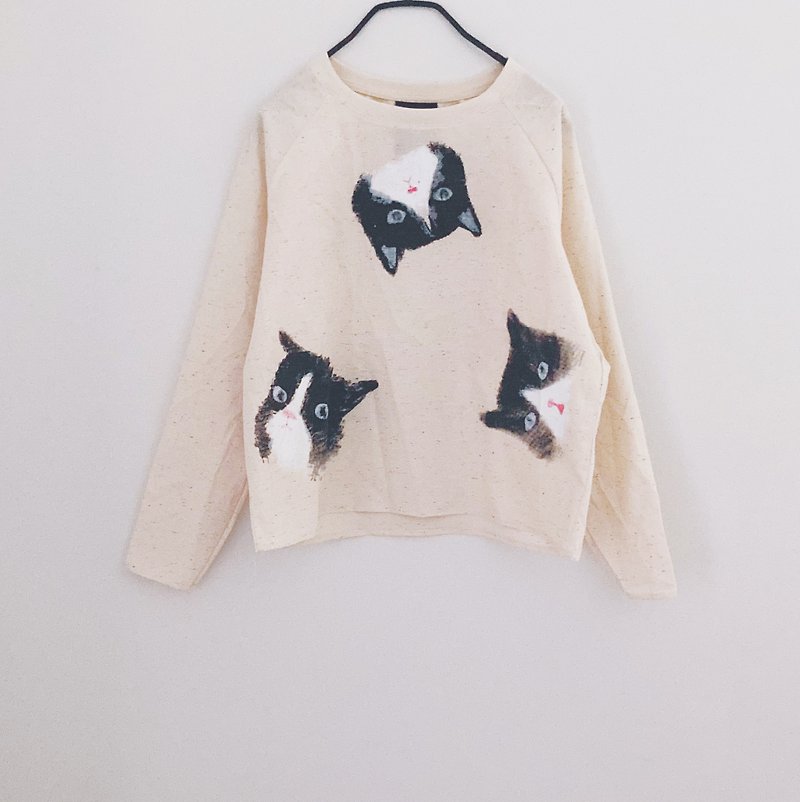 Cat Cat Cat - Long sleeve Top / Shirt - เสื้อผู้หญิง - ผ้าฝ้าย/ผ้าลินิน ขาว
