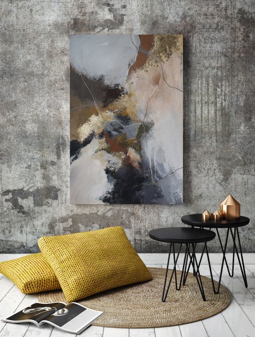 Matis Gray Beige Gold Painting | Gray Gold Abstract | Gray Gold Wall Art | Rime-2