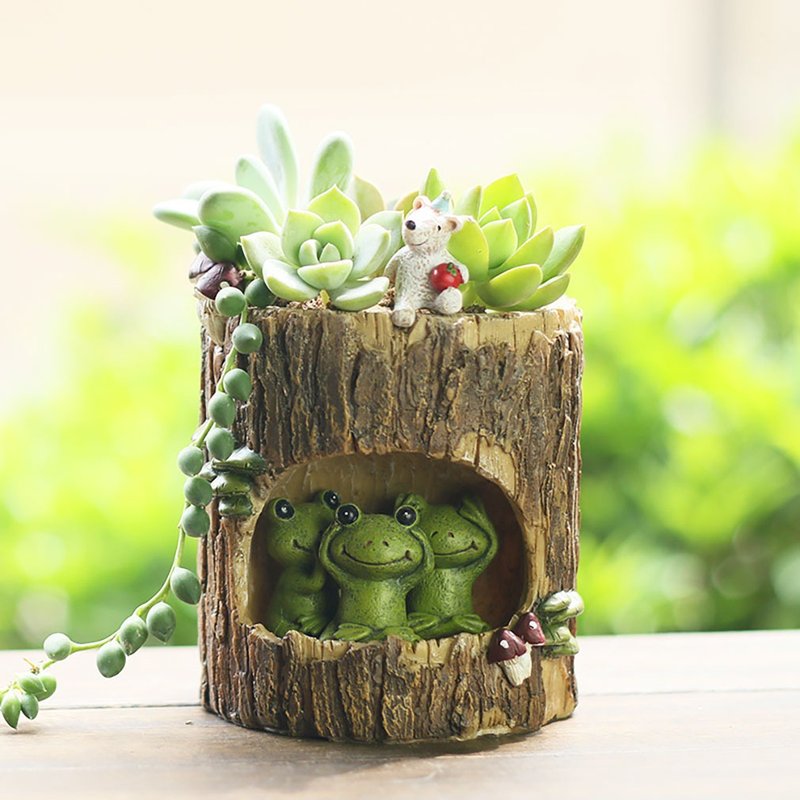 デバリエ 多肉植物 プランター 植木鉢 園芸鉢 陶器 フラワーポット 底穴あり  陶器 サボテン おしゃれ 動物の多肉植物の鉢 切り株 bzl-48-fl - 花瓶・植木鉢 - その他の素材 
