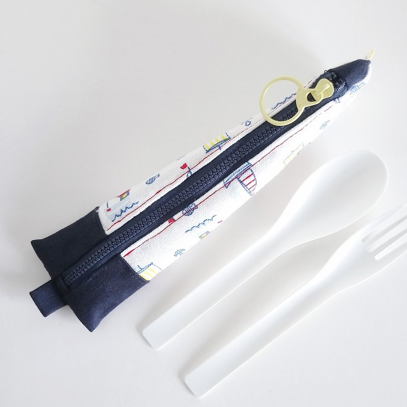 【現貨】三角餐具袋 餐具套 (小帆船) - 小號 - 筷子/筷架 - 棉．麻 藍色