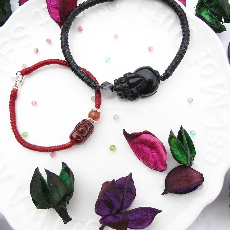 [Crystal Wax Rope Series] Pixiu|Obsidian x Red Stone Lucky Bracelet|Obsidian Girl - Bracelets - Semi-Precious Stones Multicolor