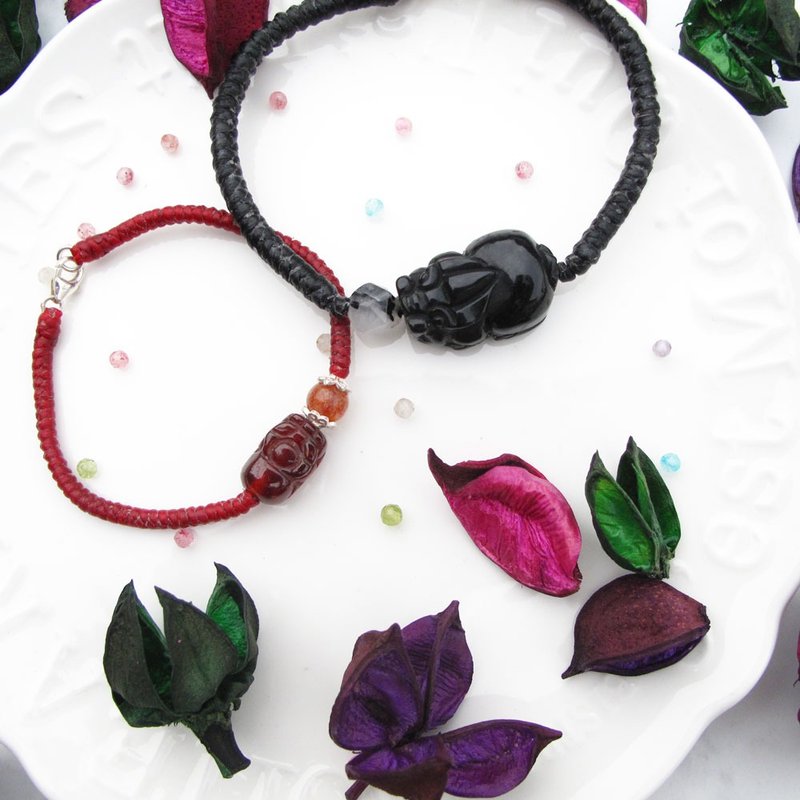 [Crystal Wax Rope Series] Pixiu|Obsidian x Red Stone Lucky Bracelet|Obsidian Girl - สร้อยข้อมือ - เครื่องประดับพลอย หลากหลายสี