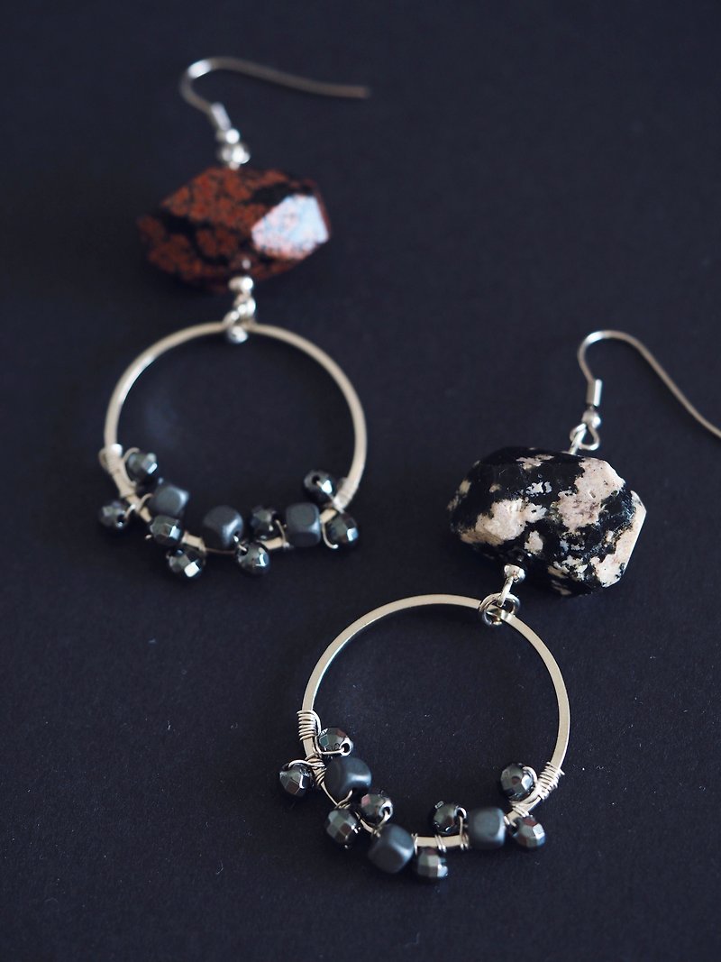 石頭 耳環/耳夾 灰色 - Brecciated agate earrings, hematite marble earrings