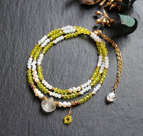 Earring Fanatic 不鏽鋼玻璃珍珠三層調節式手鍊項鍊兩用鍊黃色