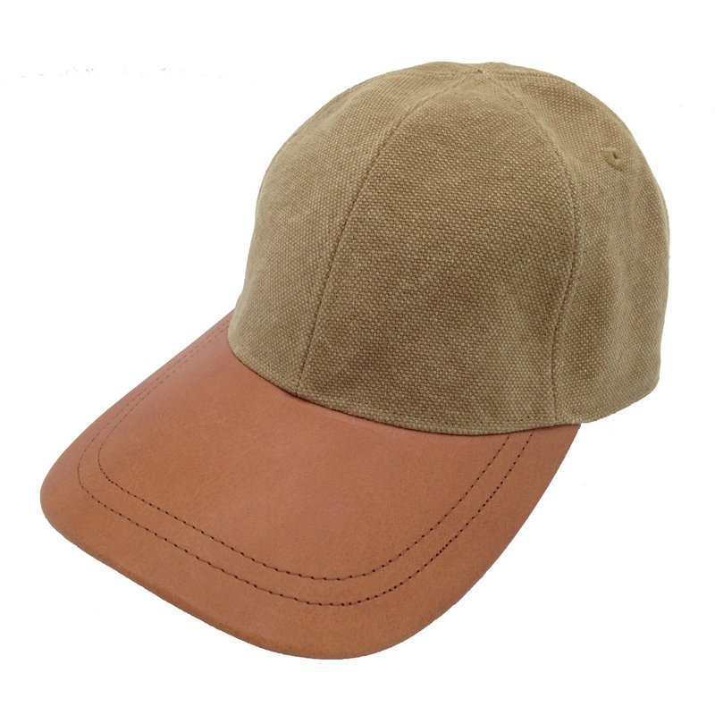 Canvas Stonewash Baseball Cap, Genuine leather brim, Color Camel - 帽子 - 棉．麻 綠色