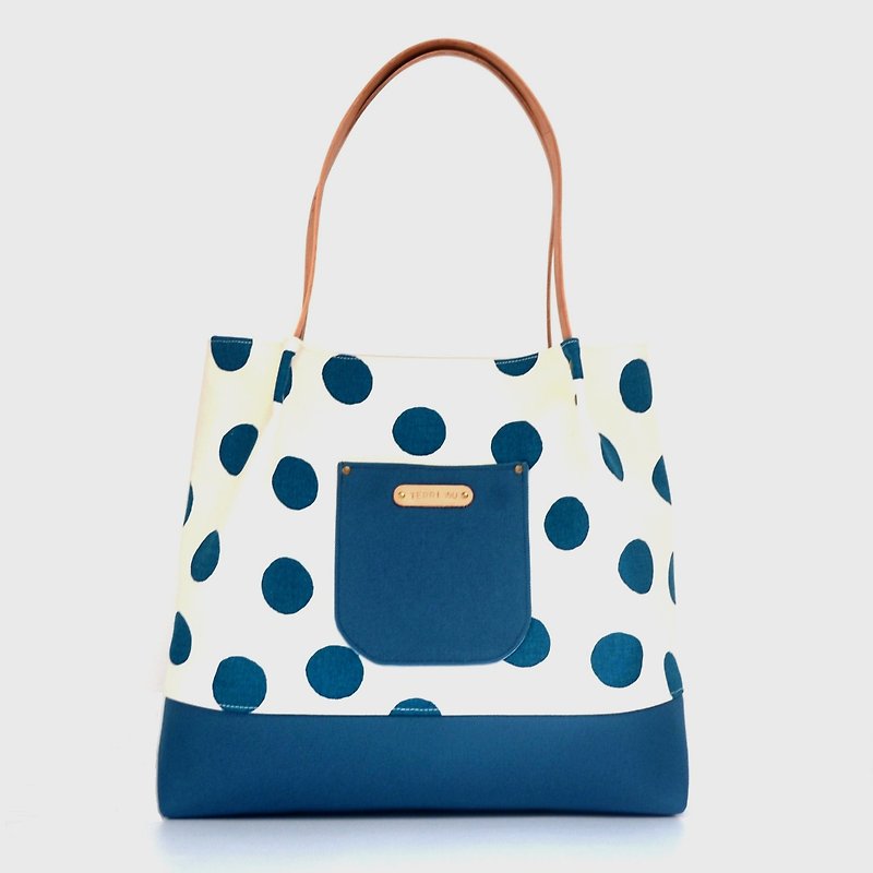 Button spot tote bag/shoulder bag/handbag handmade canvas button spot - Messenger Bags & Sling Bags - Cotton & Hemp Blue