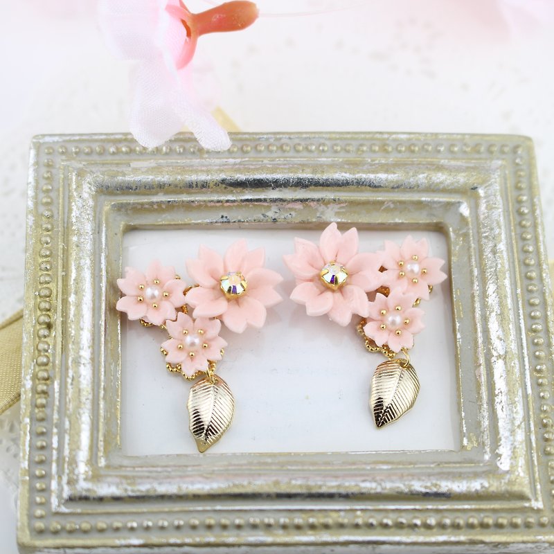 Sakura and gold leaf triple Clip-On - Earrings & Clip-ons - Clay Pink