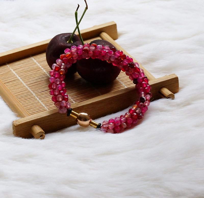 Kumihimo手織り日本のガラスビーズ+瑪瑙部ハンドチェーンSPS-02（手作りKumihimoファセット瑪瑙ブレスレット） - ブレスレット - 宝石 ピンク