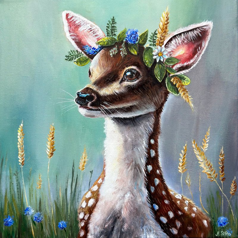 Deer original canvas painting, Deer decor, Handmade Gift, Forest art Unique Gift - Wall Décor - Cotton & Hemp Multicolor