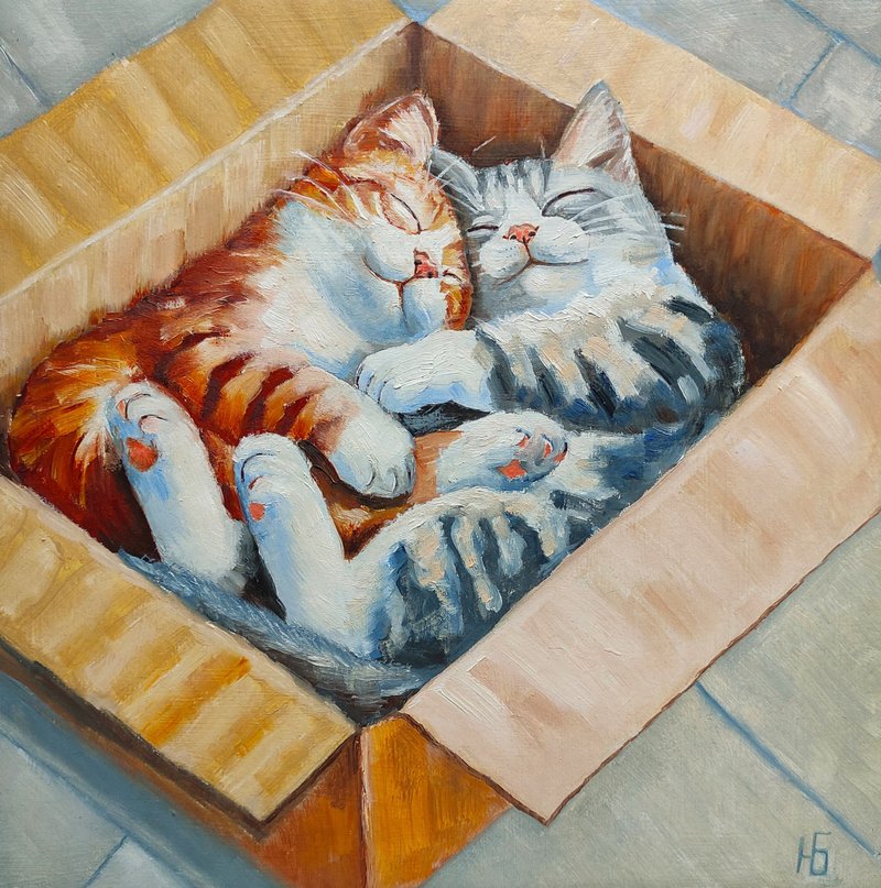Couple Cats Painting, Cute Pets Original Art, Cat Lover Gift, 手工油畫, 油畫原作 - 海報/掛畫/掛布 - 其他材質 多色