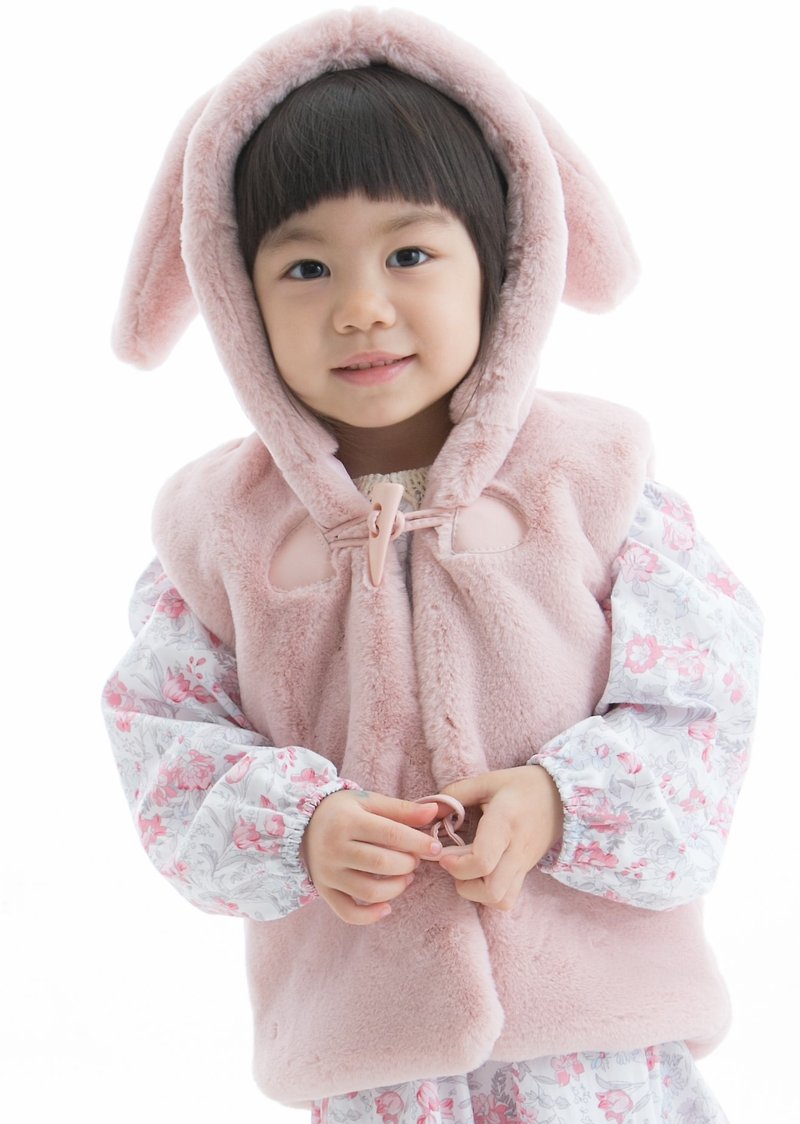 Cutie Bella Hairy Bunny Ears Hooded Horn Buckle Vest Pink - เสื้อโค้ด - เส้นใยสังเคราะห์ 