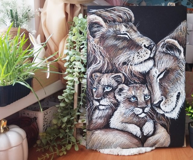 ライオンの大家族 ライオンを愛する 油絵 パステル 肖像画 動物