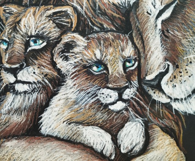 ライオンの大家族 ライオンを愛する 油絵 パステル 肖像画 動物アート