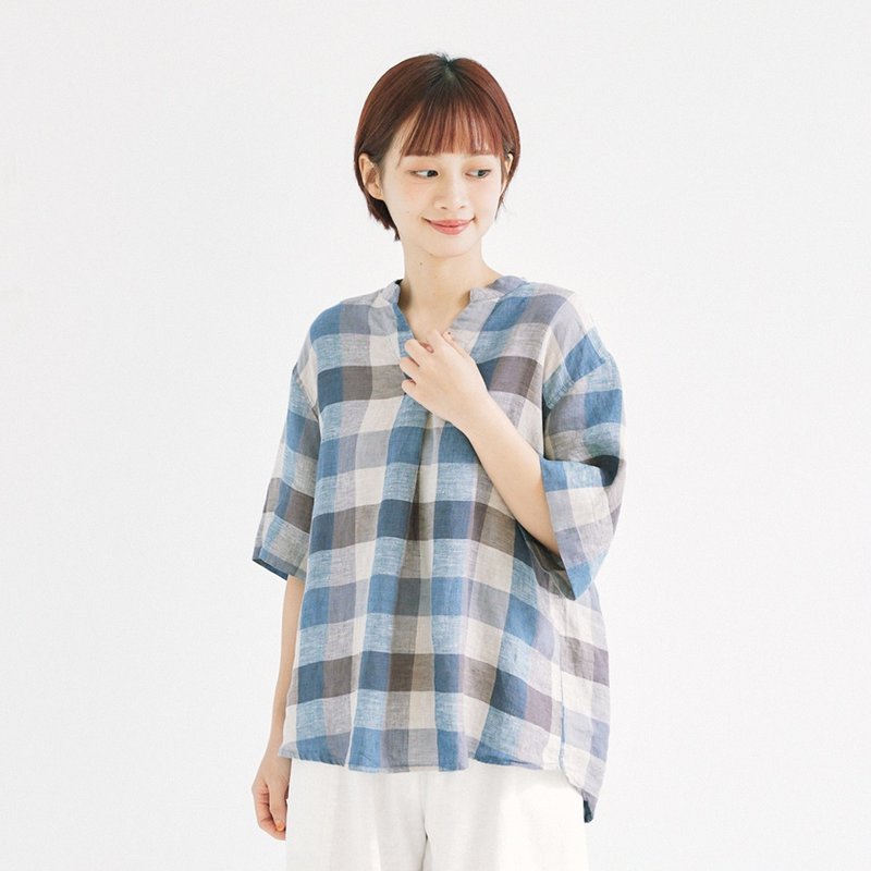 Simply Yours Checked Linen Top Blue Coffee F - Women's Tops - Cotton & Hemp Blue